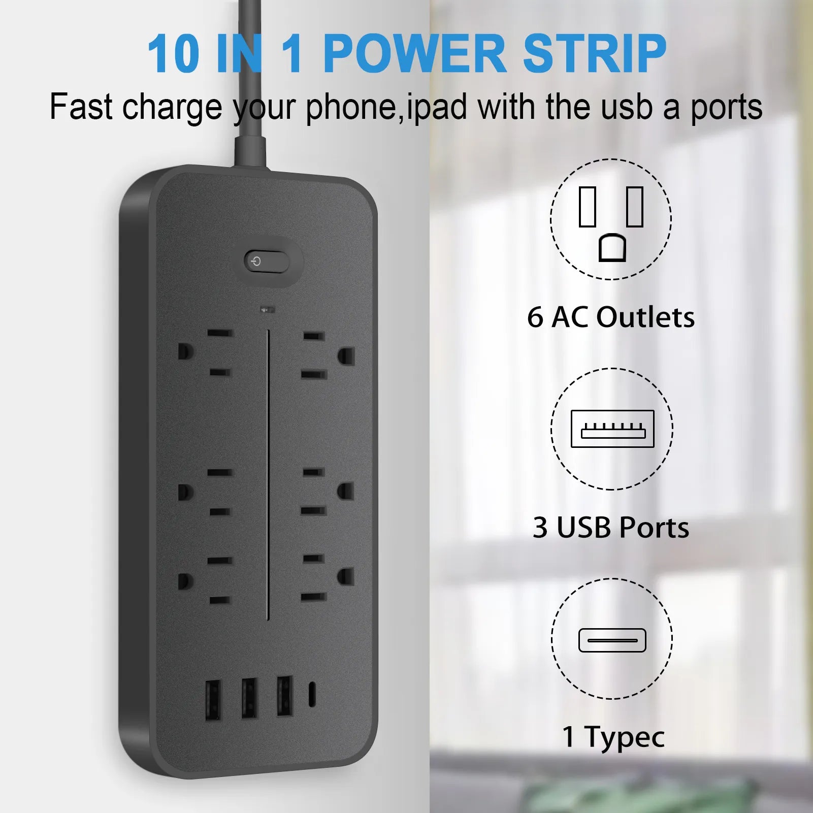 Indoor Extension Cord With Surge Protector Power Bar (4 USB Ports Included)